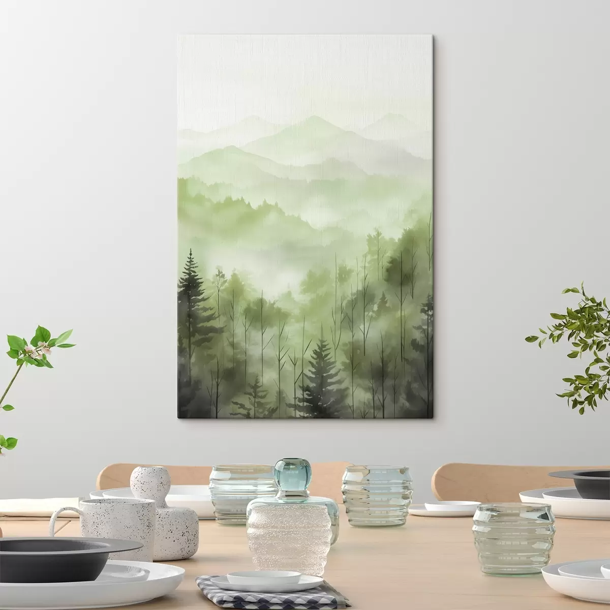 murales de pared Montañas con paisaje forestal, colores verdes, estilo acuarela s44606