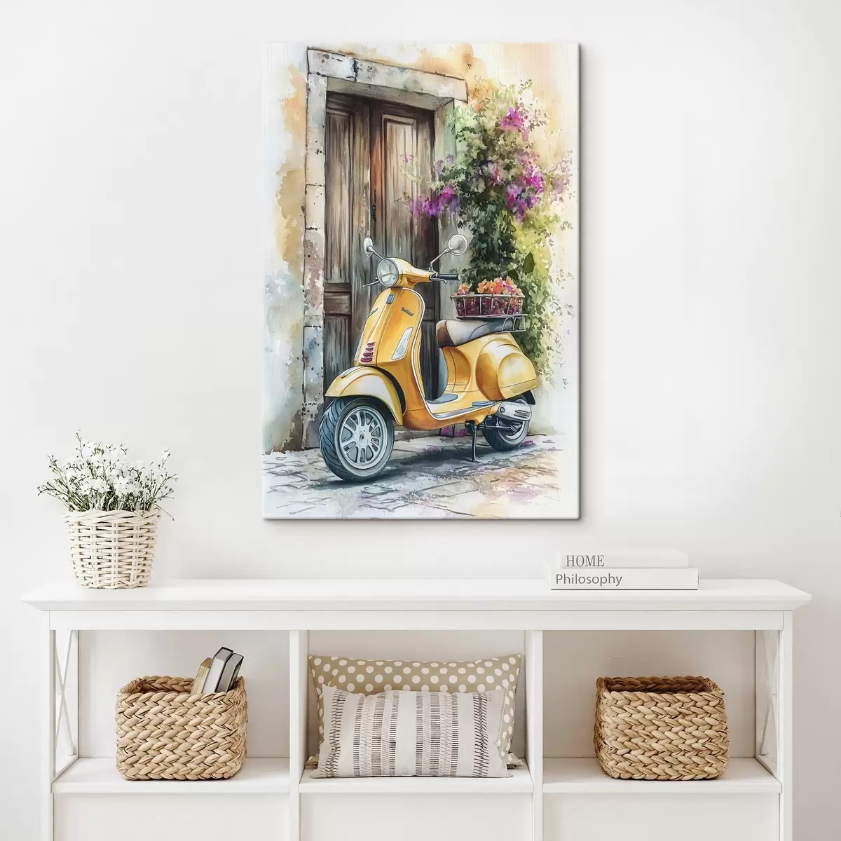 murales de pared Vespa amarilla cerca de puerta de madera con flores s44607