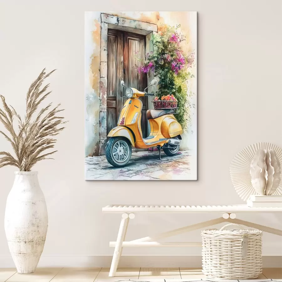 murales de pared Vespa amarilla cerca de puerta de madera con flores s44607
