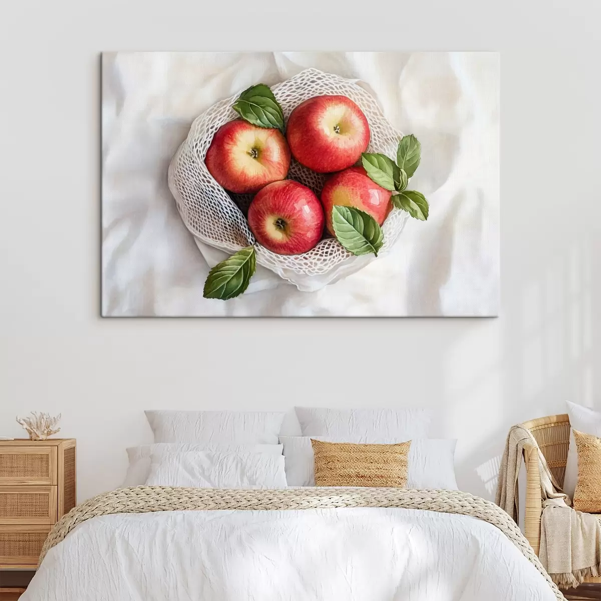 murales de pared Manzanas rojas en la bolsa de lino con hojas de menta, estilo rústico, frutas s44609