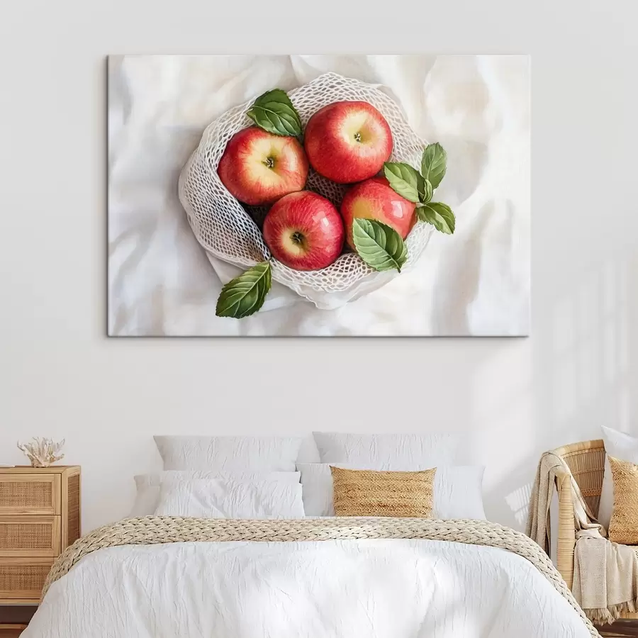 murales de pared Manzanas rojas en la bolsa de lino con hojas de menta, estilo rústico, frutas s44609