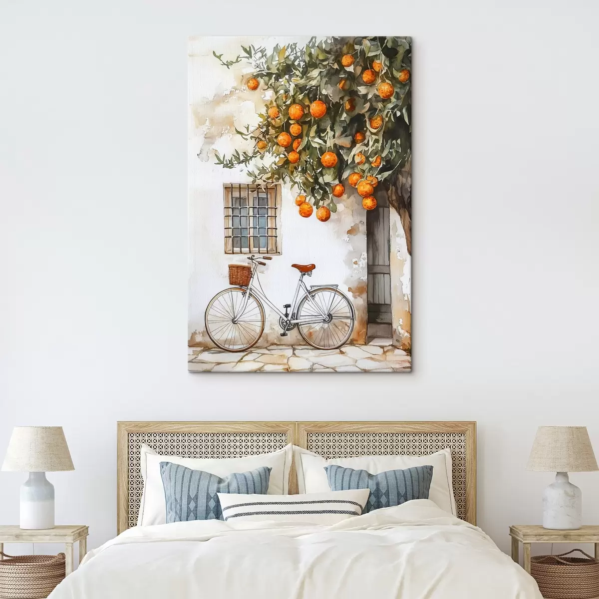 murales de pared Casa blanca mediterránea con naranjo y bicicleta s44610