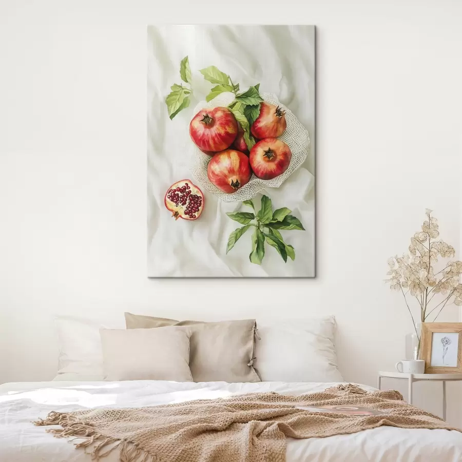 murales de pared Granadas con hojas de menta en los manteles de lino, estilo rústico s44611
