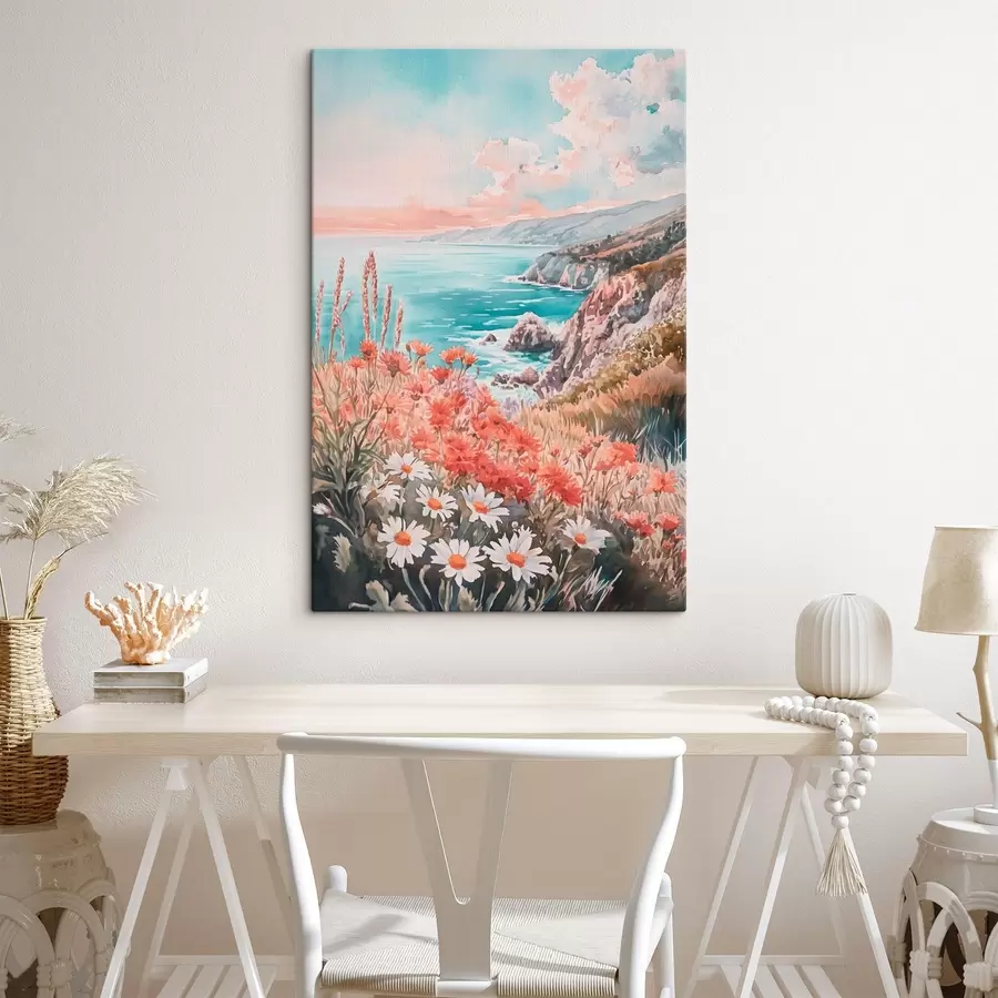 murales de pared Portugal costa del océano en la puesta de sol, flores de prado s44612