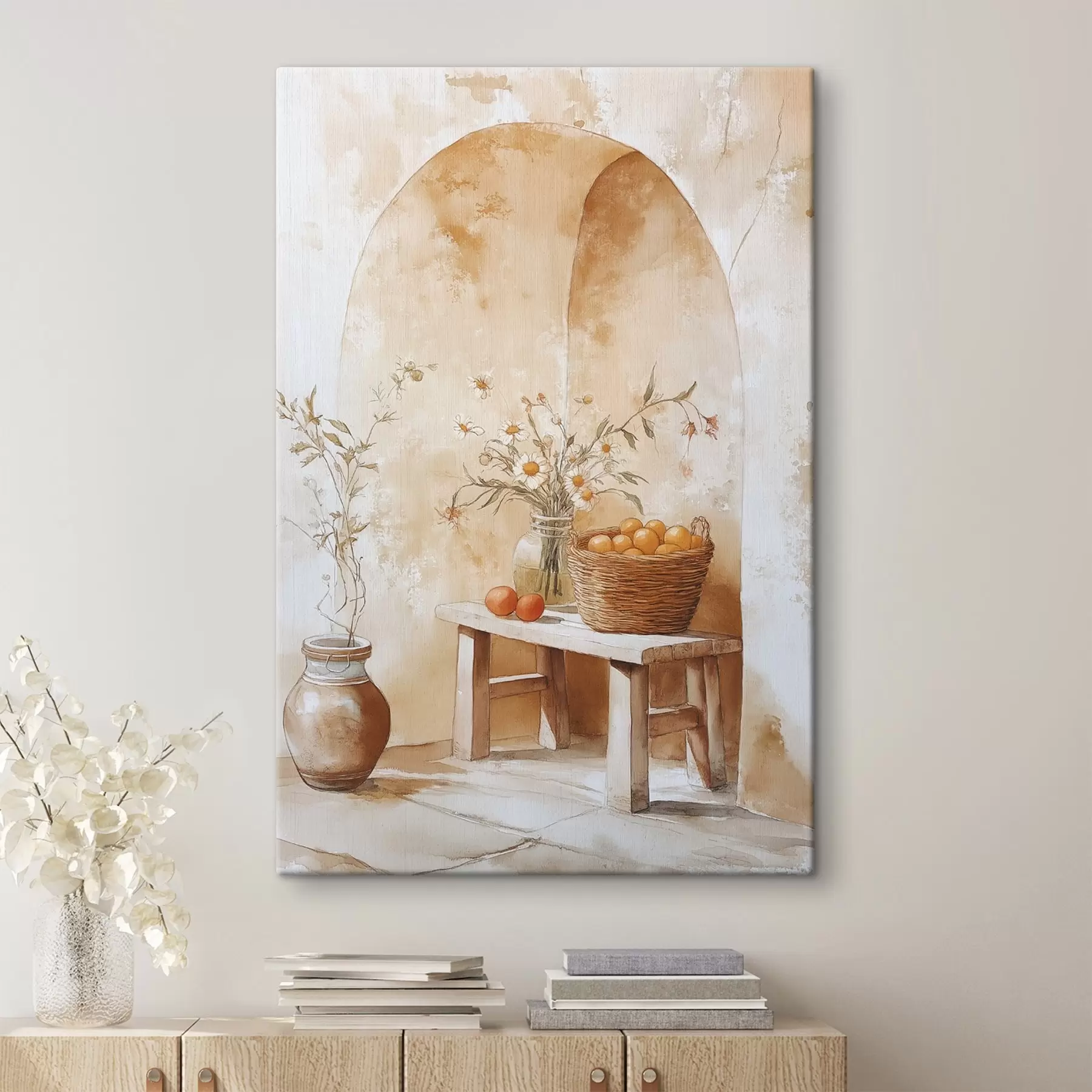 murales de pared Arco de pared con jarra antigua, flores de manzanilla y cesta de naranjas  s44613