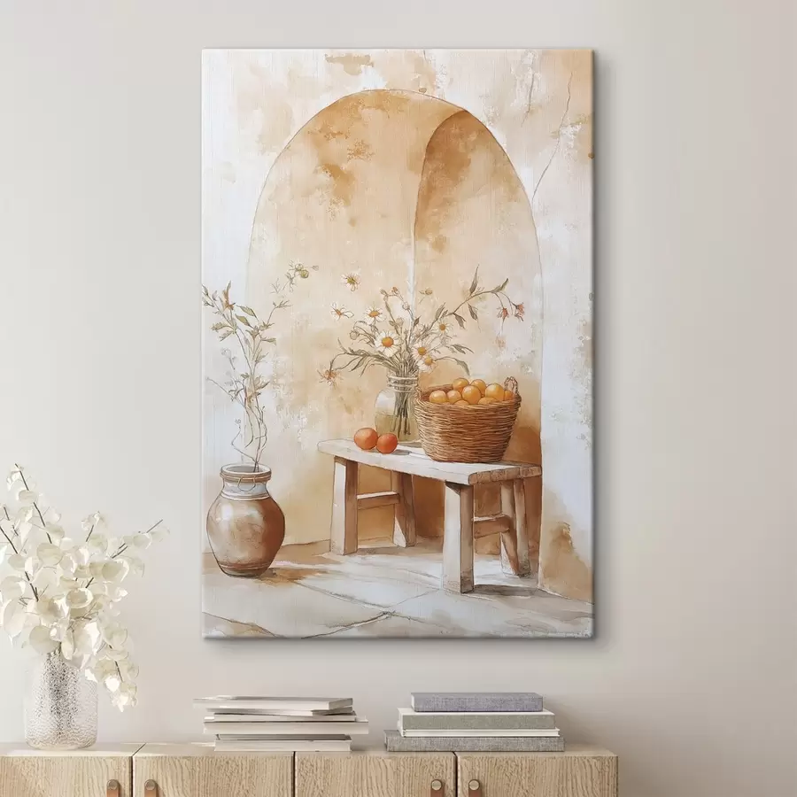 murales de pared Arco de pared con jarra antigua, flores de manzanilla y cesta de naranjas  s44613