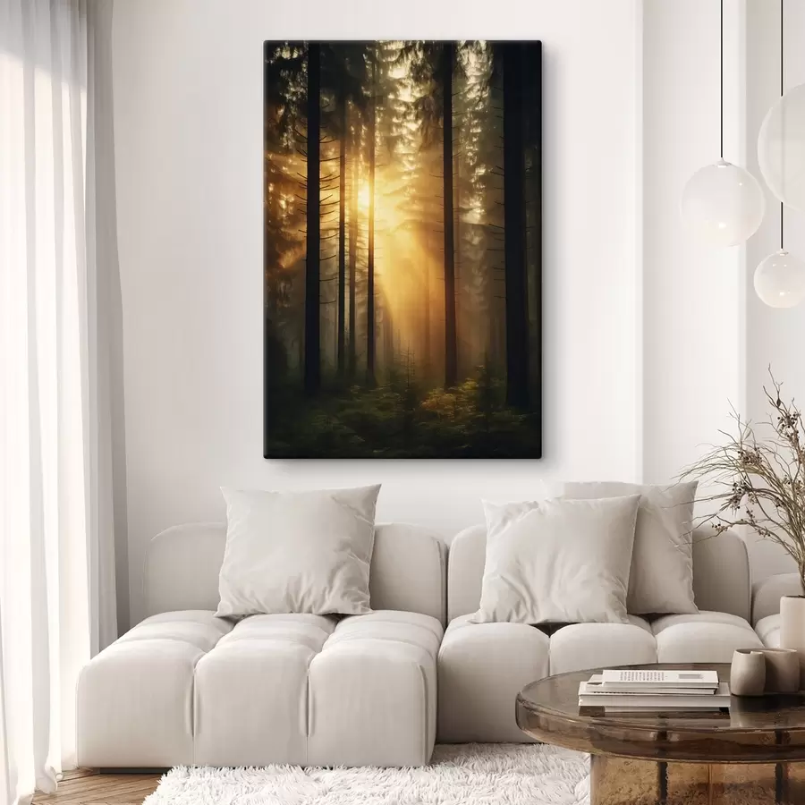 murales de pared Denso bosque de pinos con luz del atardecer, realismo, naturaleza s44615