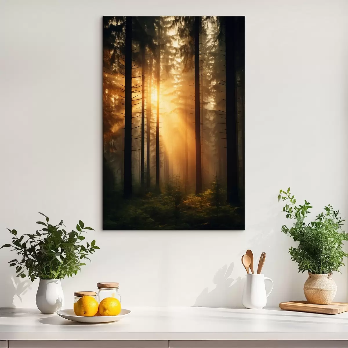 murales de pared Denso bosque de pinos con luz del atardecer, realismo, naturaleza s44615