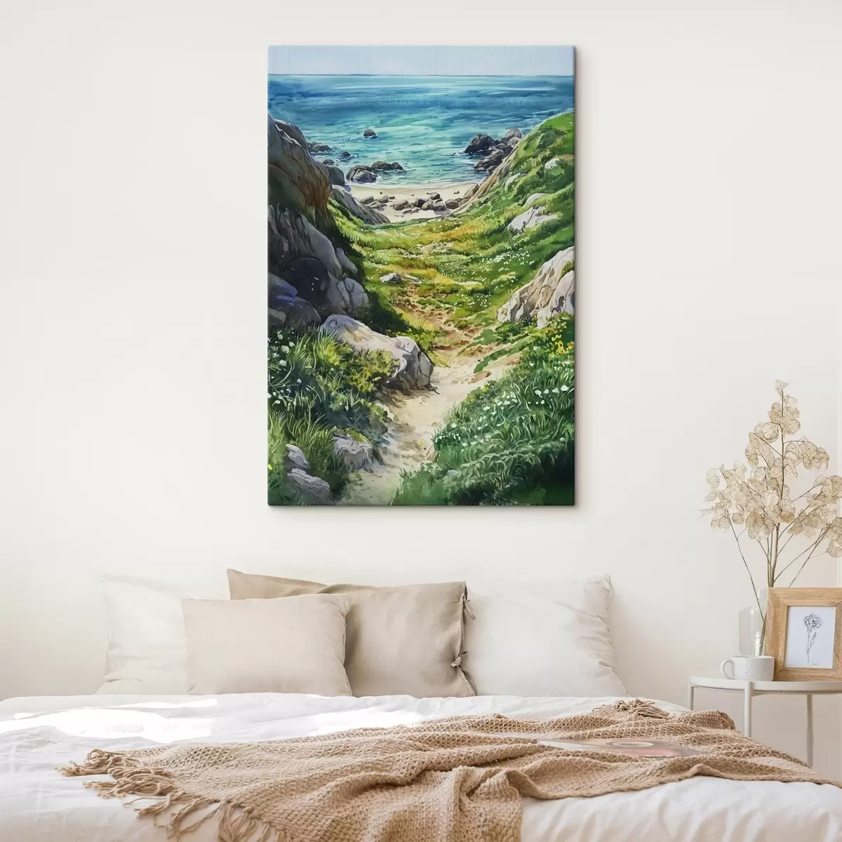 murales de pared Costa marina con rocas y hierba verde, estilo acuarela, verano s44616