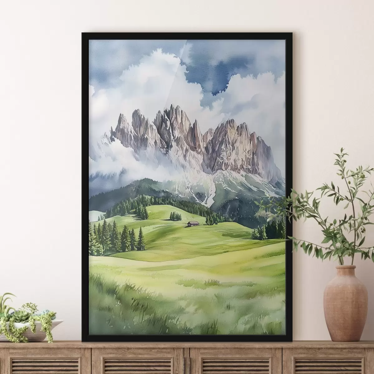 Poster Dolomitas, montañas alpinas, Italia, paisaje, estilo acuarela f44601