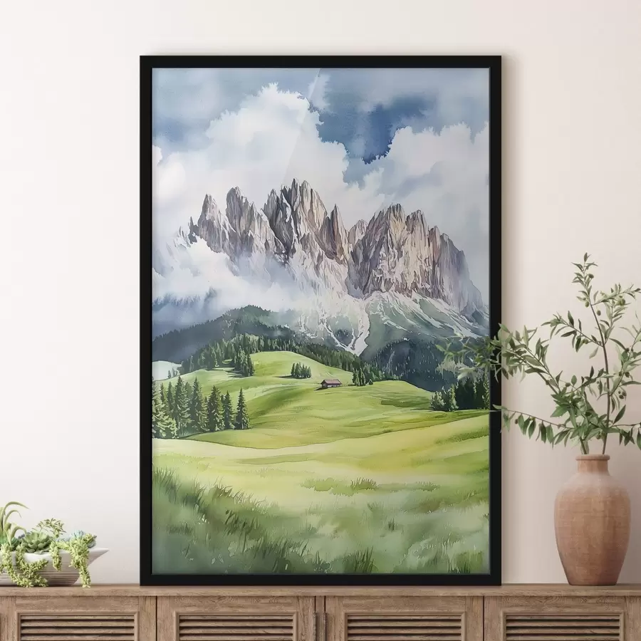 murales de pared Dolomitas, montañas alpinas, Italia, paisaje, estilo acuarela f44601