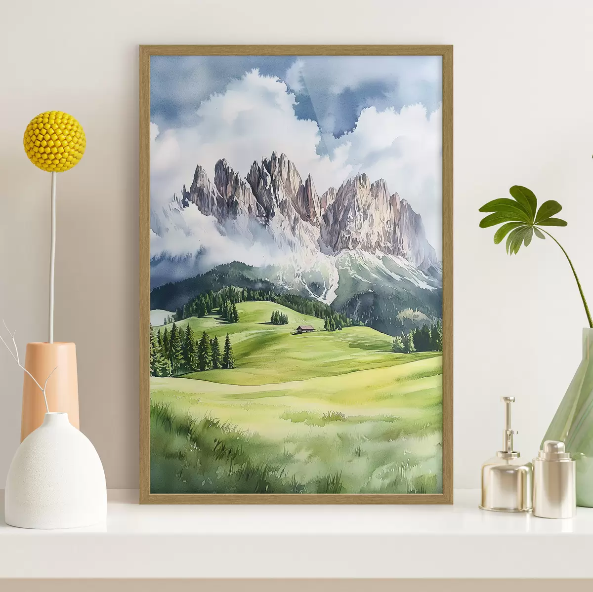 Poster Dolomitas, montañas alpinas, Italia, paisaje, estilo acuarela f44601