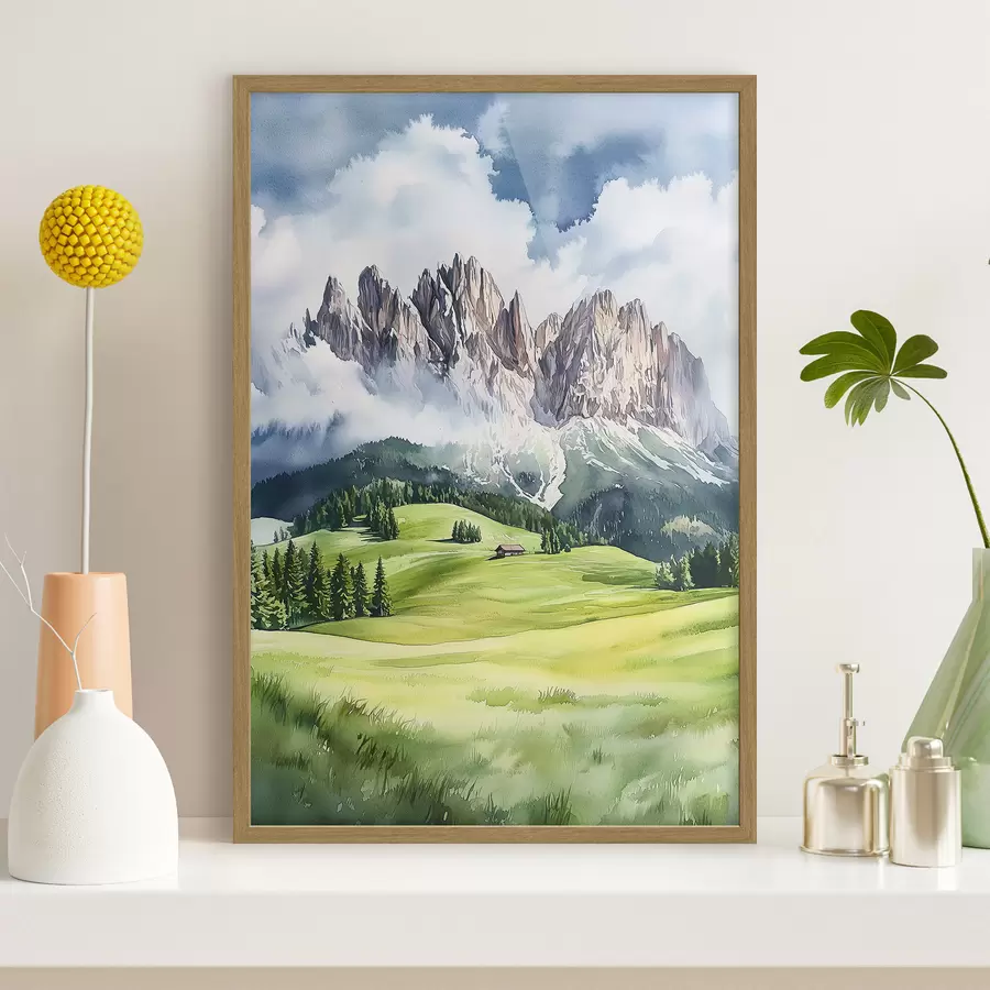 murales de pared Dolomitas, montañas alpinas, Italia, paisaje, estilo acuarela f44601