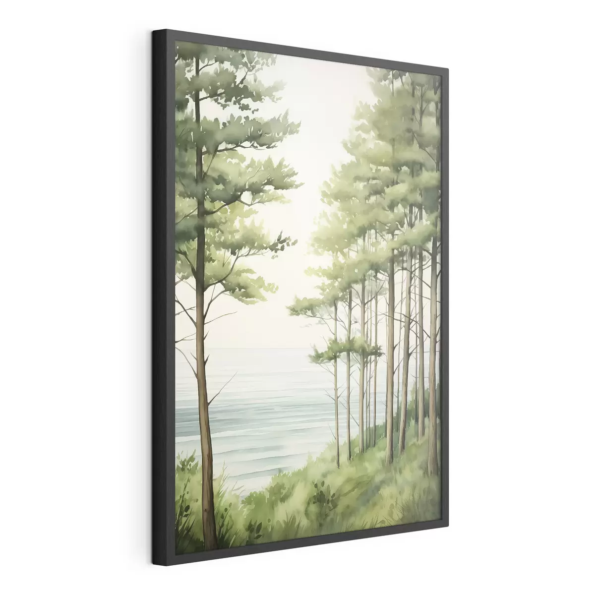 Poster Bosque de pinos verdes cerca del mar, estilo acuarela f44603