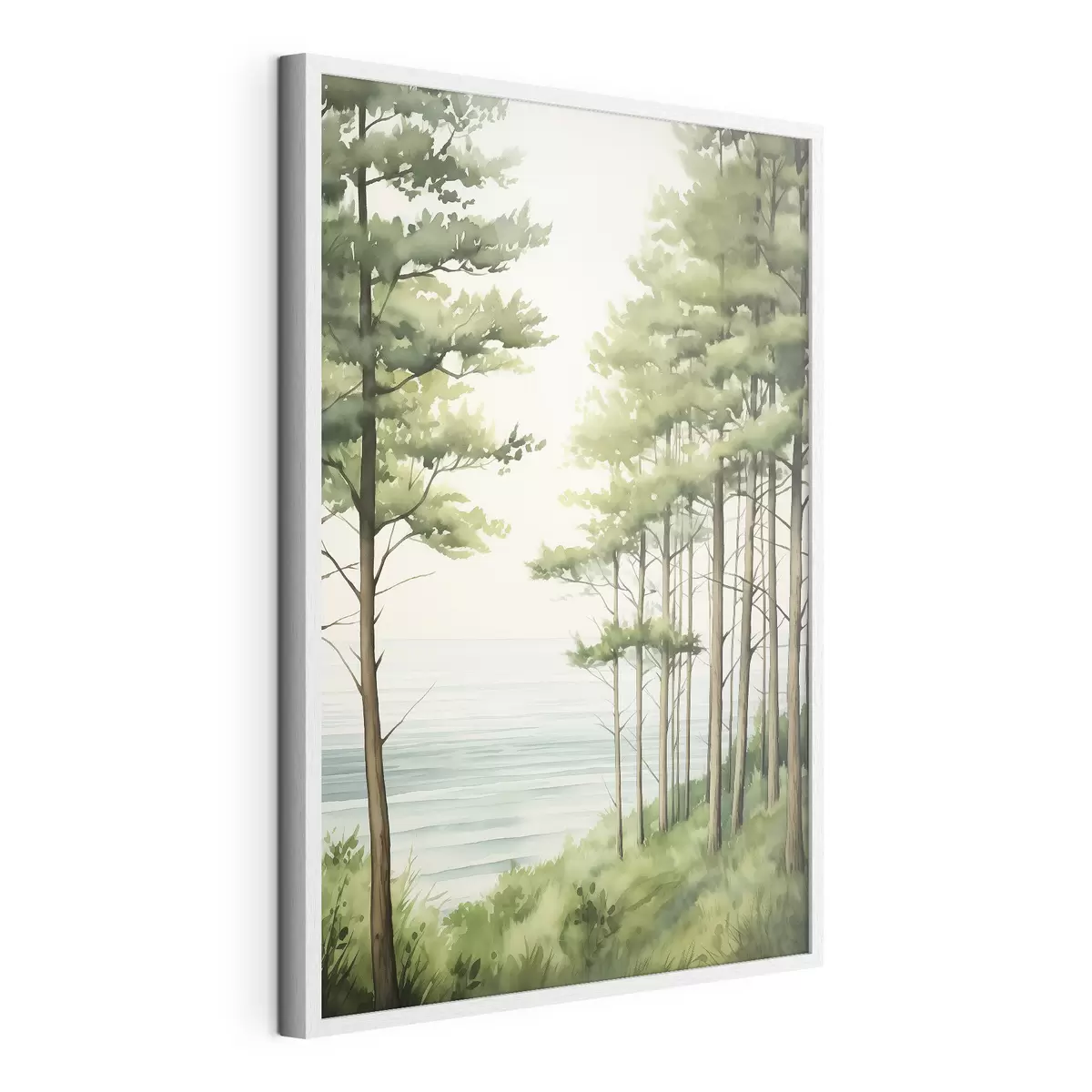 Poster Bosque de pinos verdes cerca del mar, estilo acuarela f44603