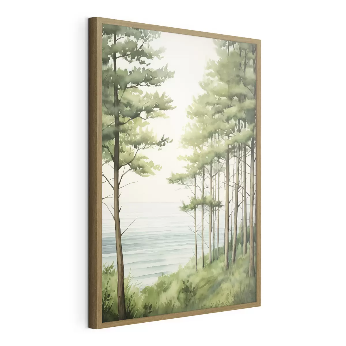 Poster Bosque de pinos verdes cerca del mar, estilo acuarela f44603