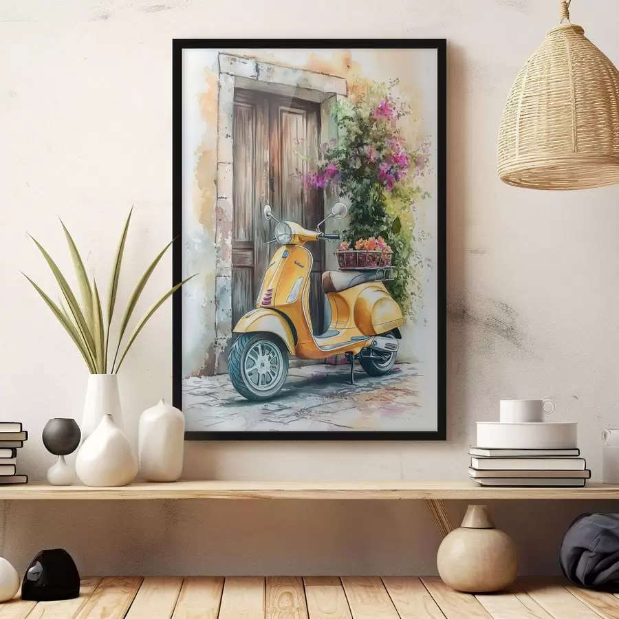 murales de pared Vespa amarilla cerca de puerta de madera con flores f44607