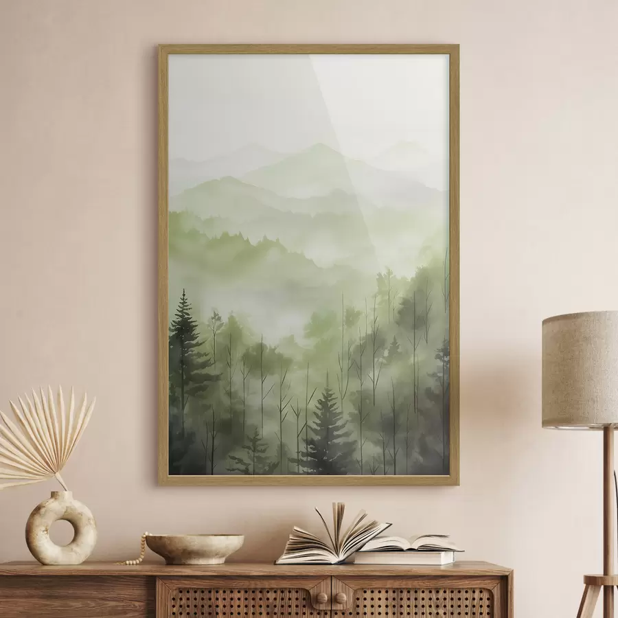murales de pared Montañas con paisaje forestal, colores verdes, estilo acuarela f44606