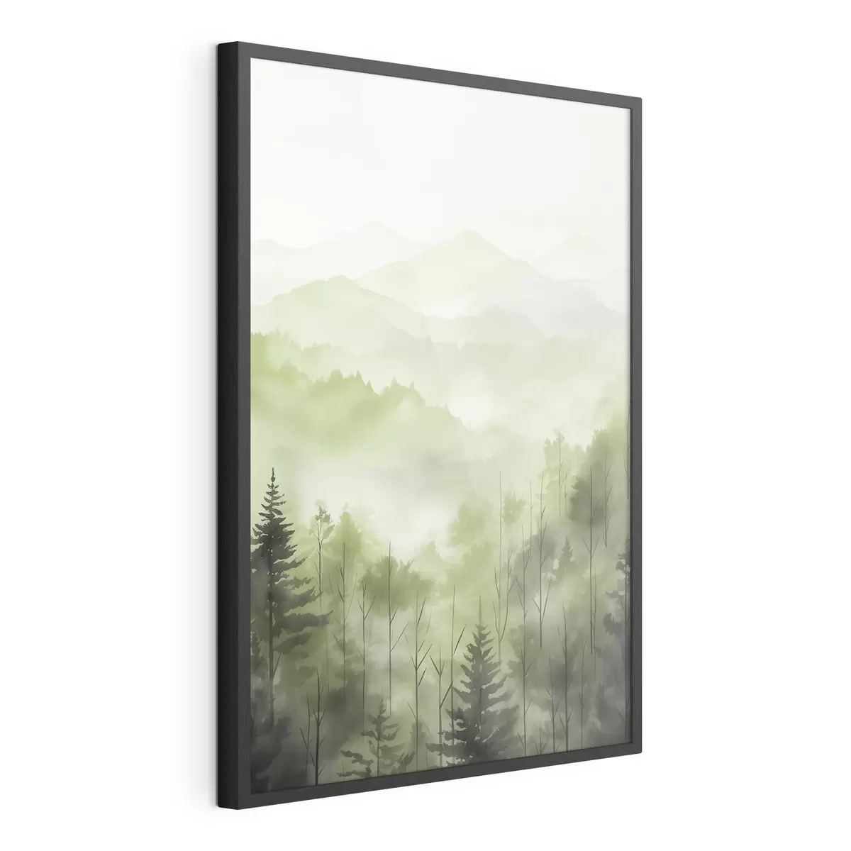 Poster Montañas con paisaje forestal, colores verdes, estilo acuarela f44606