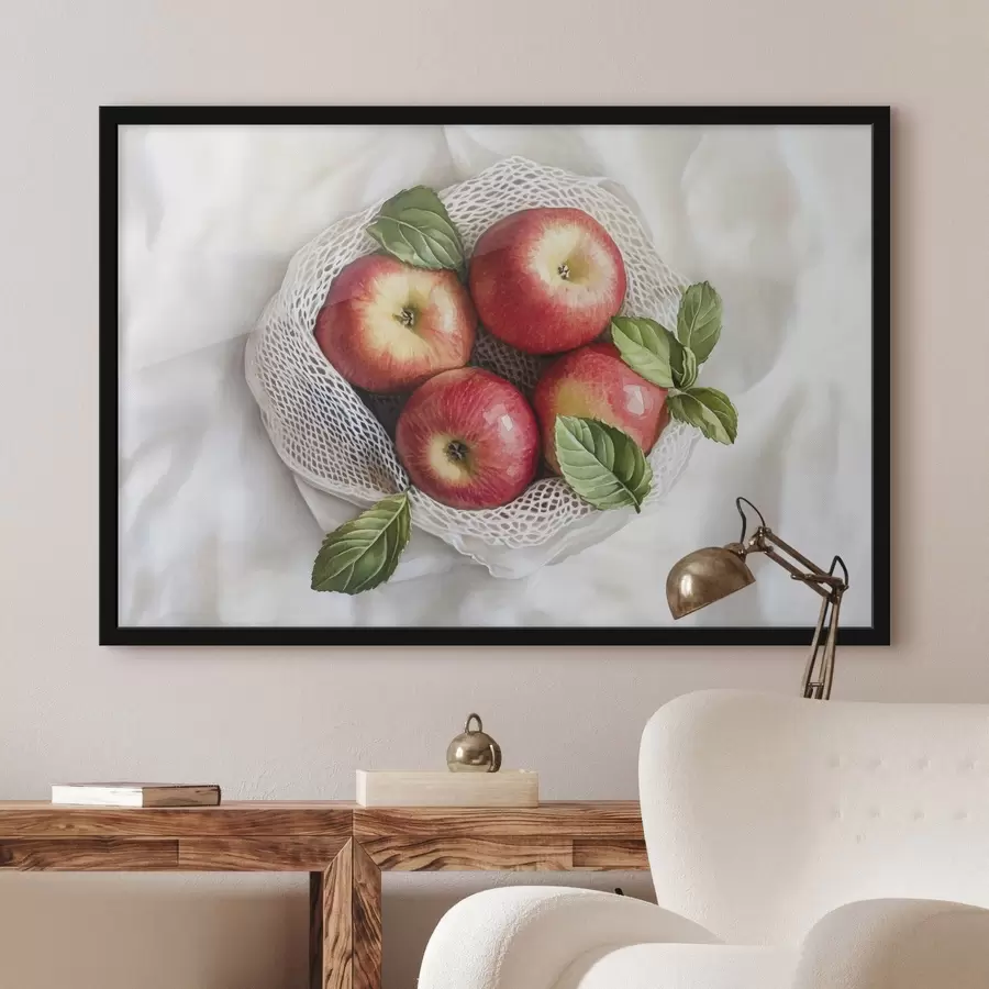 murales de pared Manzanas rojas en la bolsa de lino con hojas de menta, estilo rústico, frutas f44609