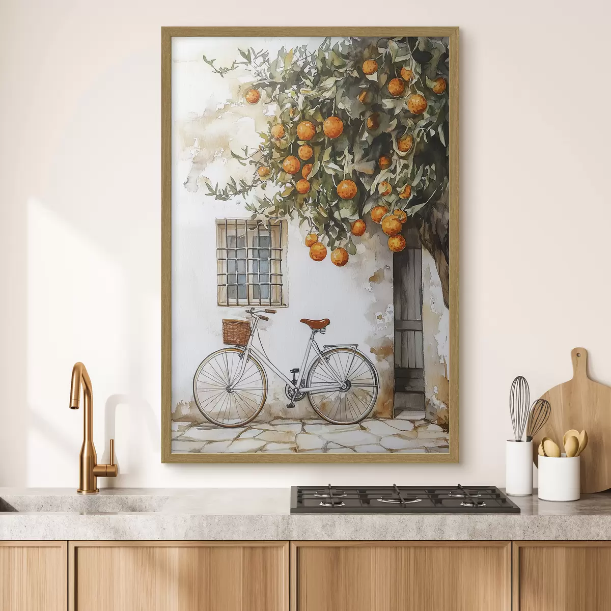 Poster Casa blanca mediterránea con naranjo y bicicleta f44610