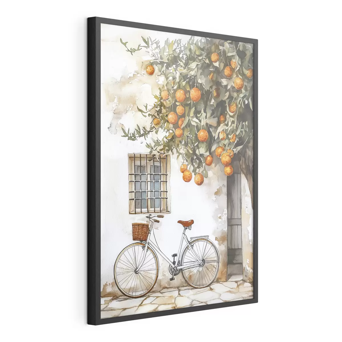 Poster Casa blanca mediterránea con naranjo y bicicleta f44610