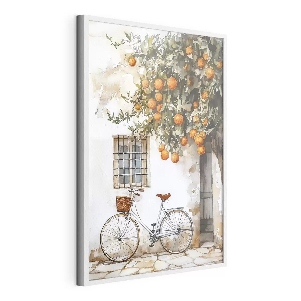 Poster Casa blanca mediterránea con naranjo y bicicleta f44610