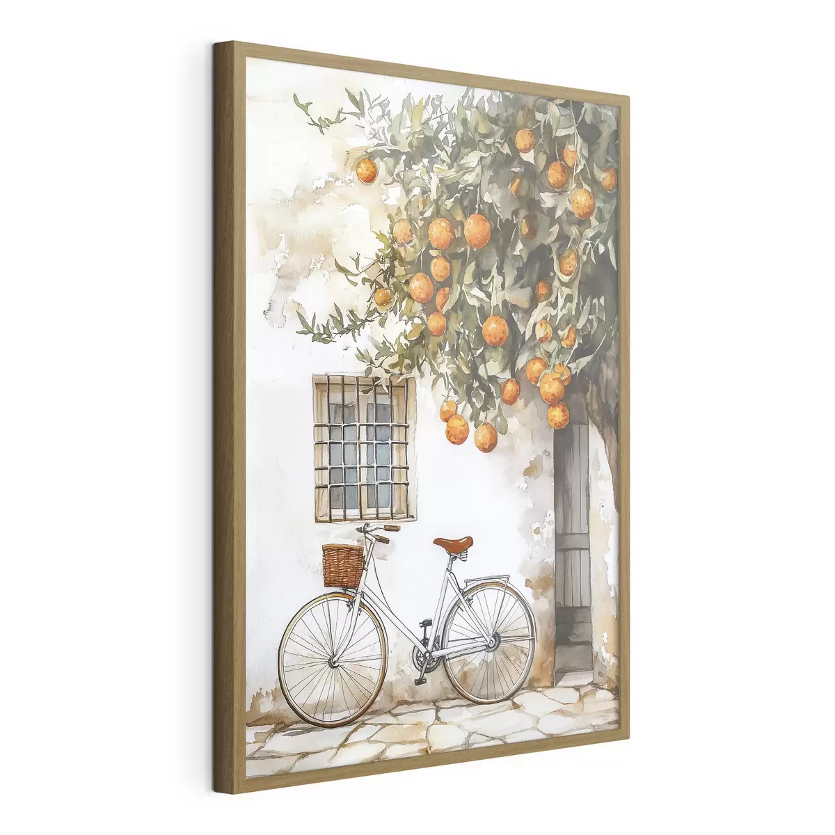 Poster Casa blanca mediterránea con naranjo y bicicleta f44610