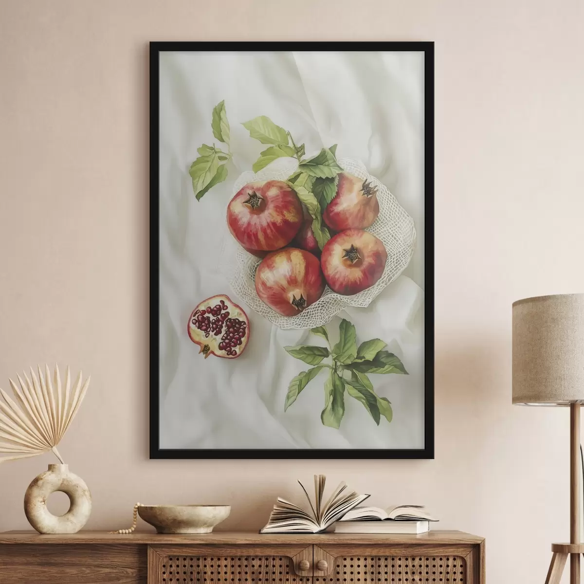 Poster Granadas con hojas de menta en los manteles de lino, estilo rústico f44611