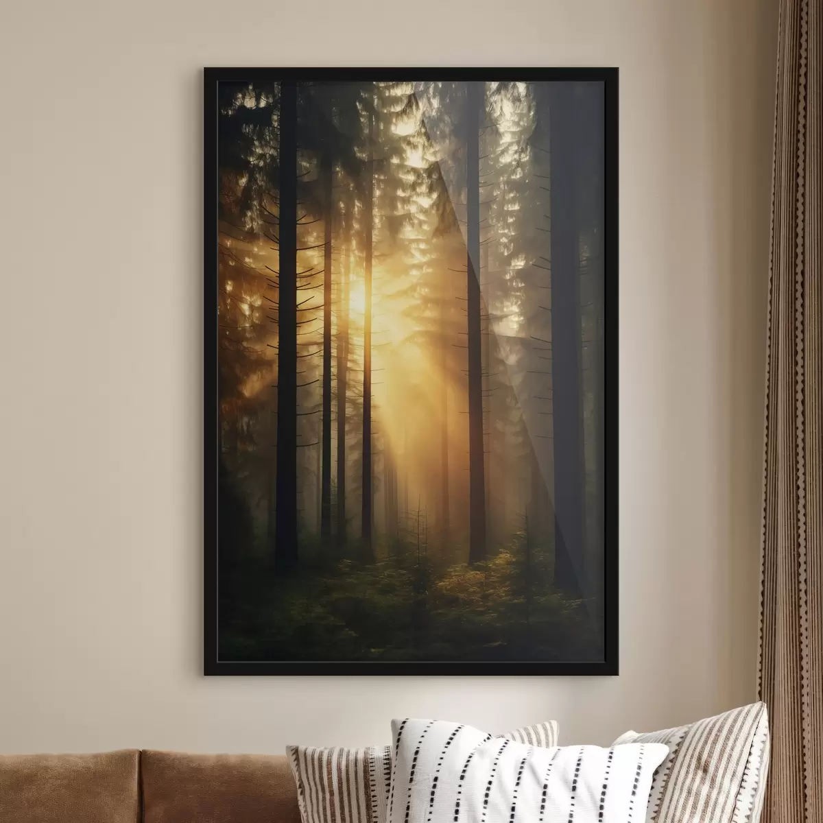Poster Denso bosque de pinos con luz del atardecer, realismo, naturaleza f44615