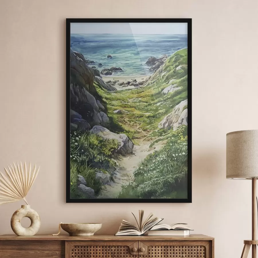 murales de pared Costa marina con rocas y hierba verde, estilo acuarela, verano f44616