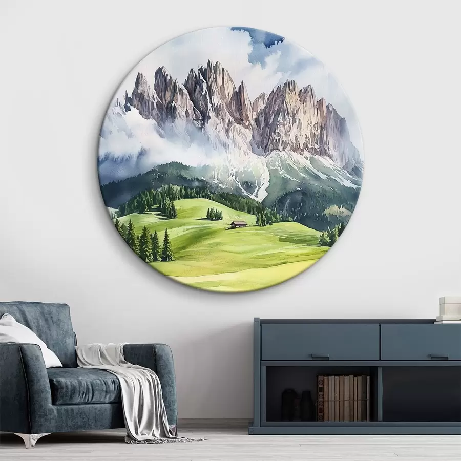 murales de pared Dolomitas, montañas alpinas, Italia, paisaje, estilo acuarela r44601
