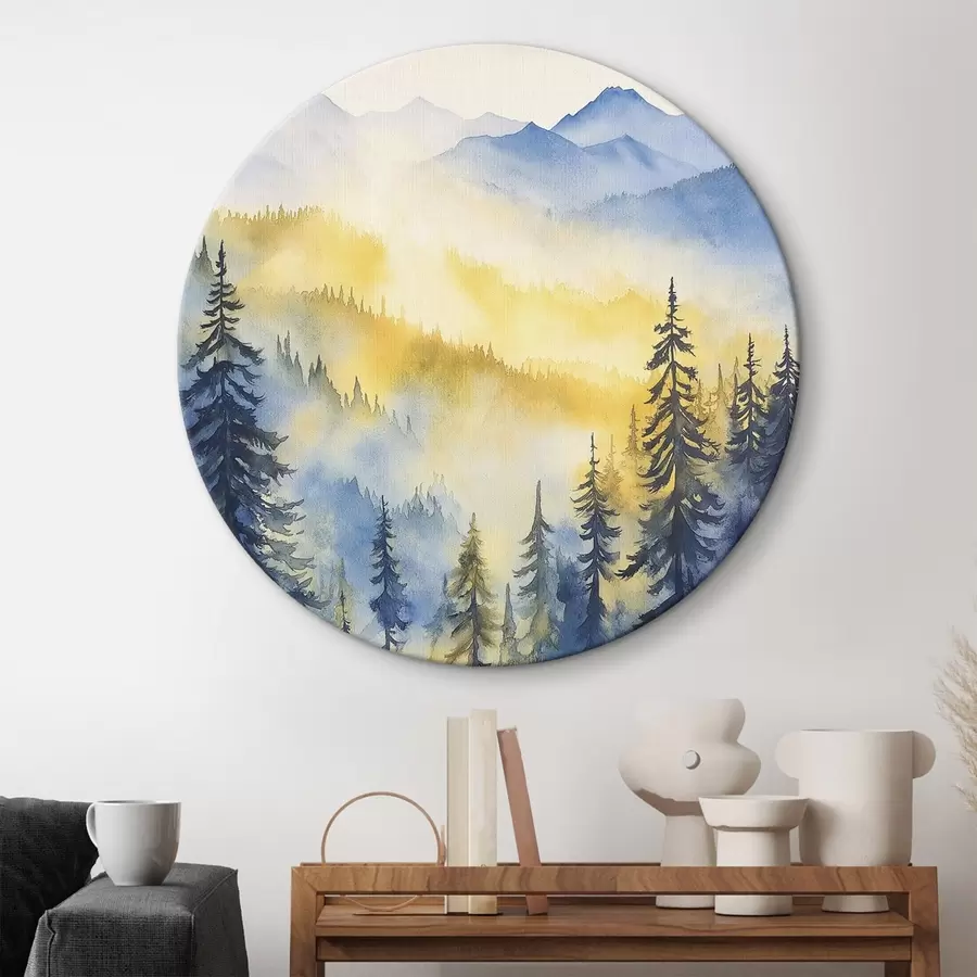 murales de pared Montañas neblinosas en un amanecer, pinares, colores azul y amarillo r44602