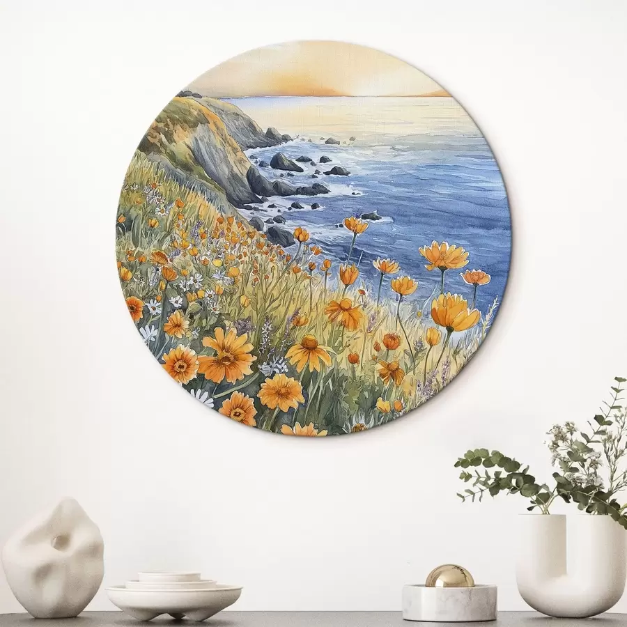 murales de pared Acantilado con flores naranjas, costa oceánica, Portugal, estilo acuarela r44604