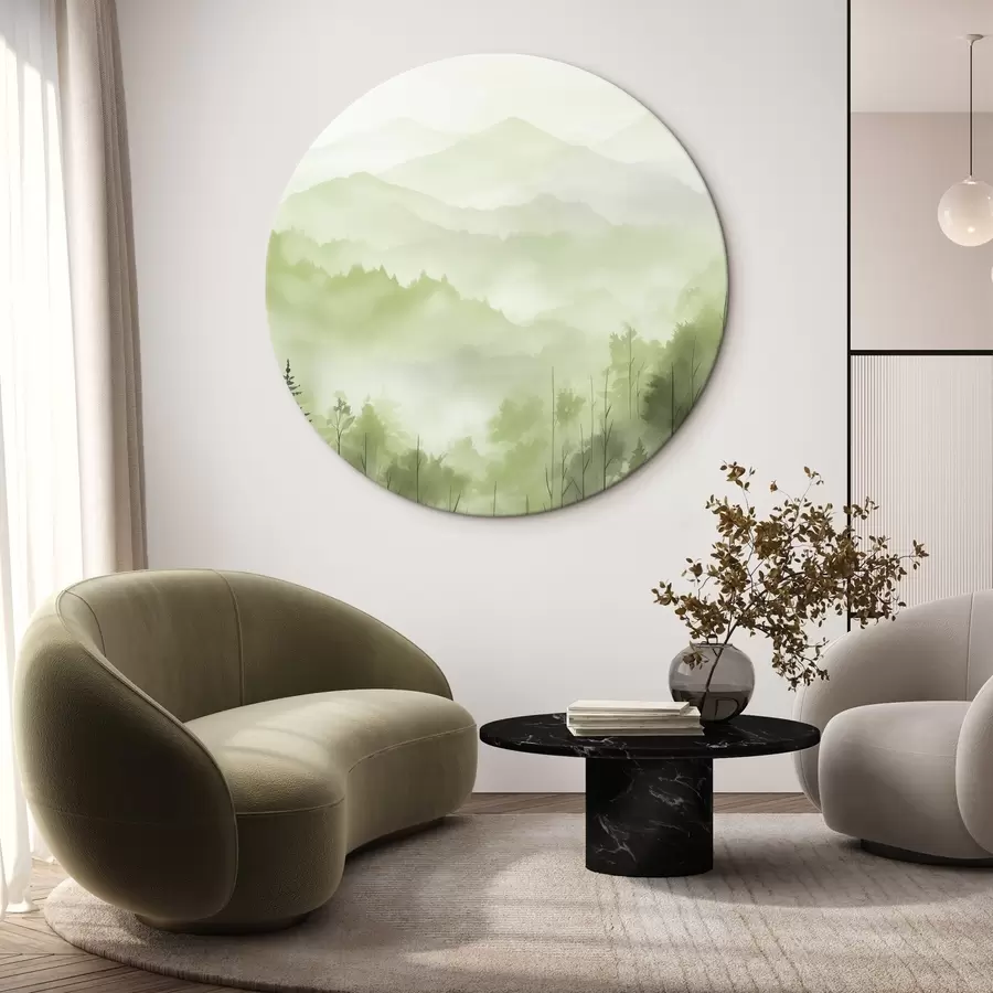 murales de pared Montañas con paisaje forestal, colores verdes, estilo acuarela r44606