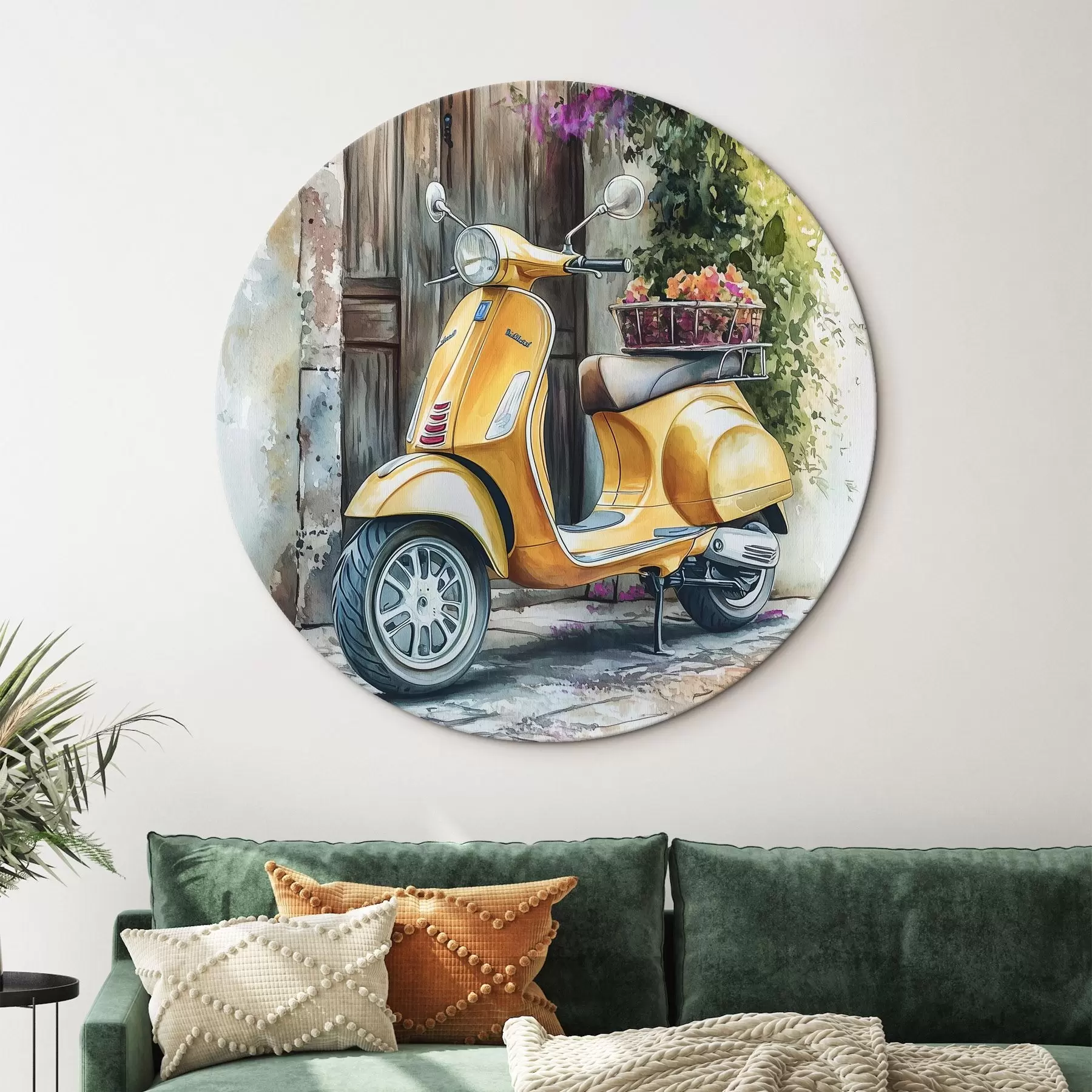 murales de pared Vespa amarilla cerca de puerta de madera con flores r44607