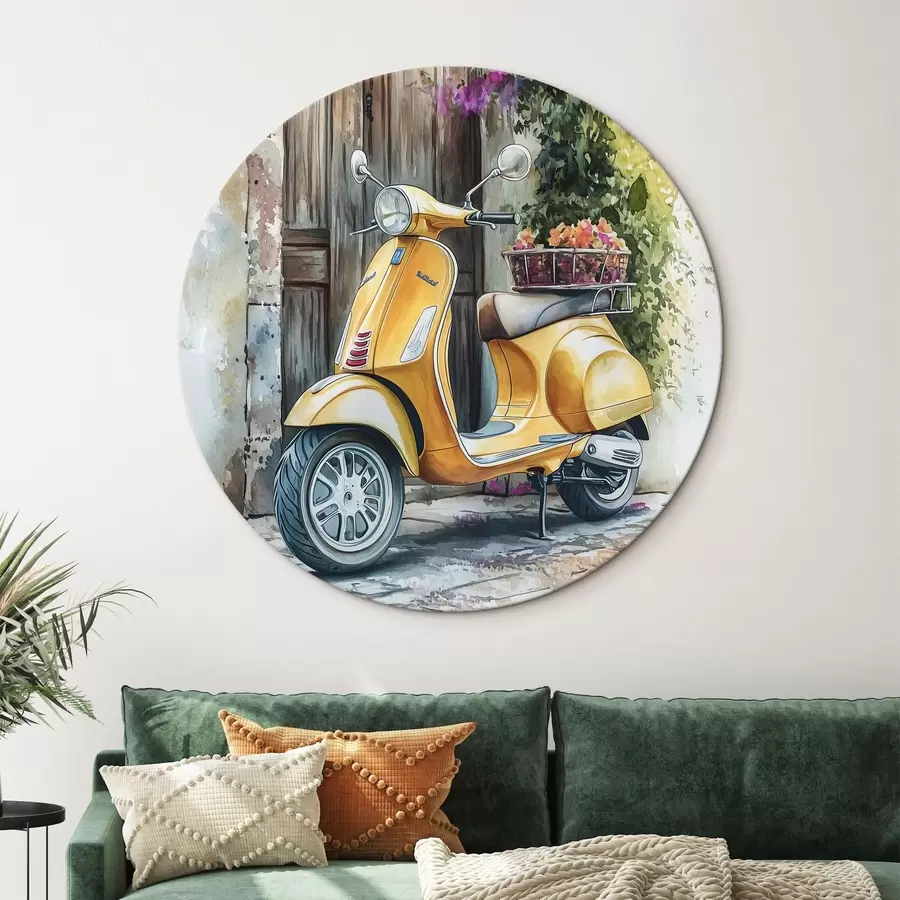 murales de pared Vespa amarilla cerca de puerta de madera con flores r44607