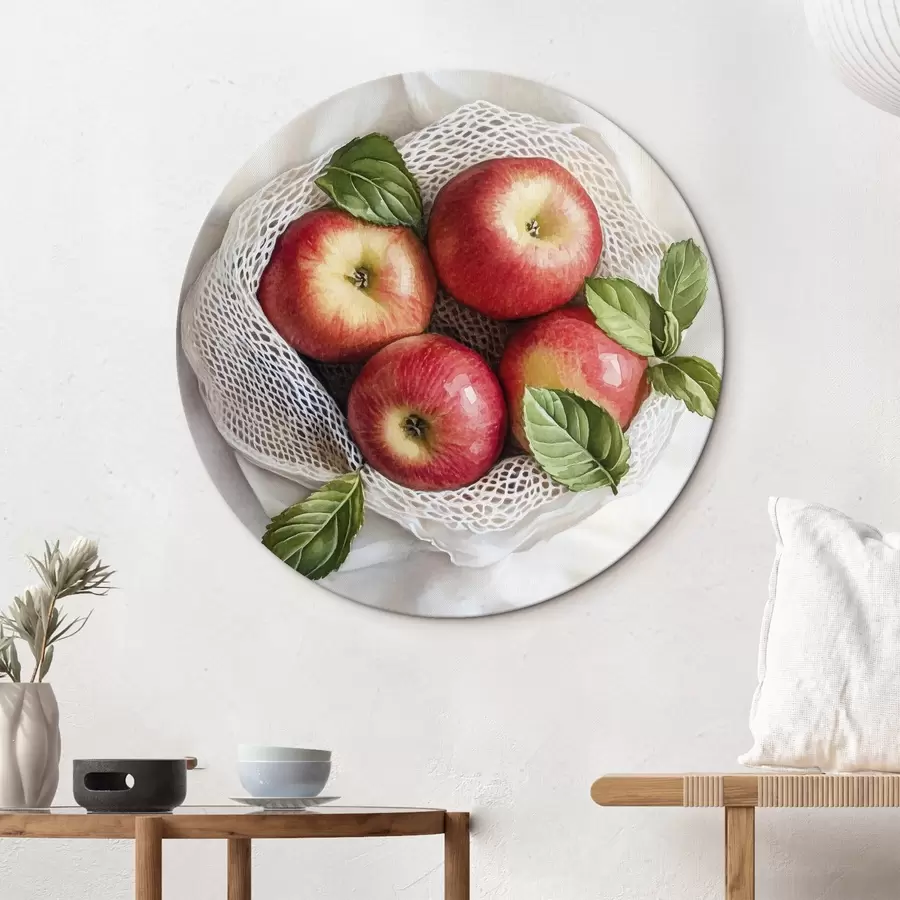 murales de pared Manzanas rojas en la bolsa de lino con hojas de menta, estilo rústico, frutas r44609