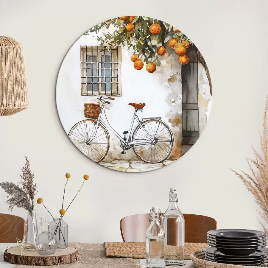 murales de pared Casa blanca mediterránea con naranjo y bicicleta r44610