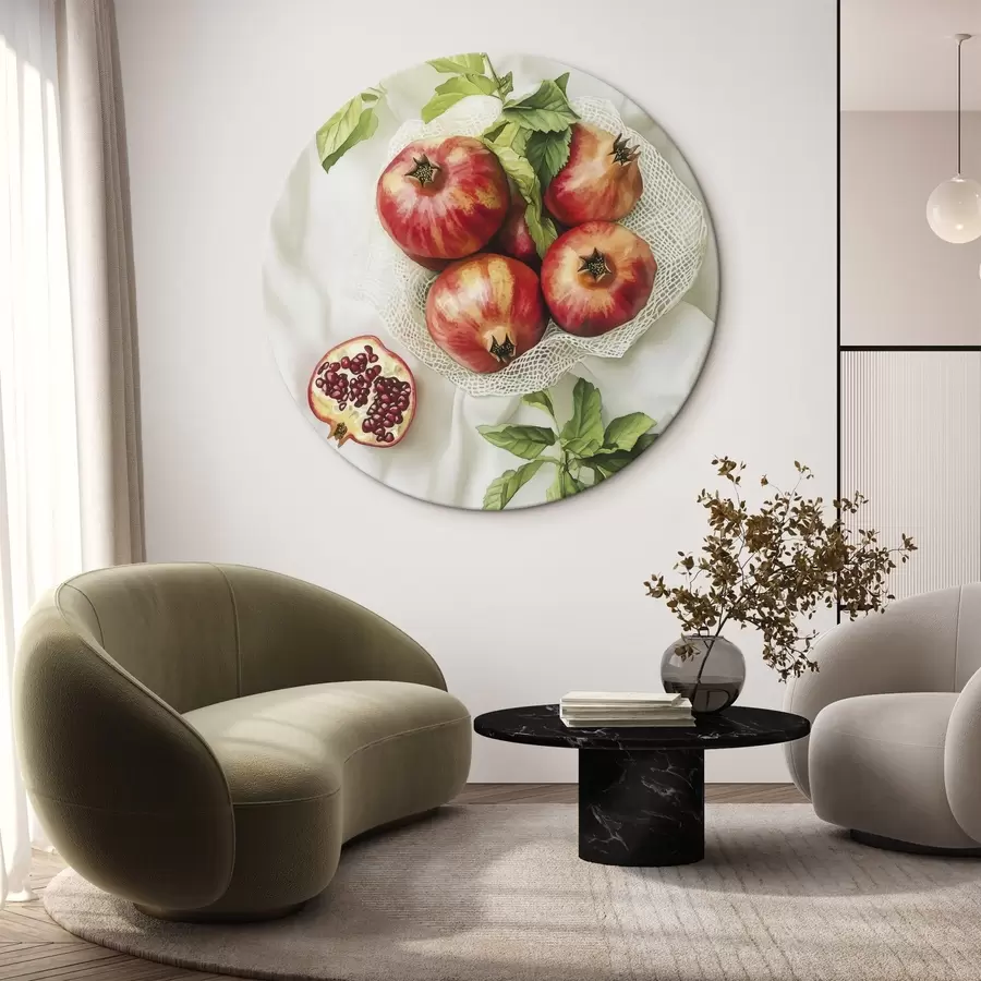 murales de pared Granadas con hojas de menta en los manteles de lino, estilo rústico r44611