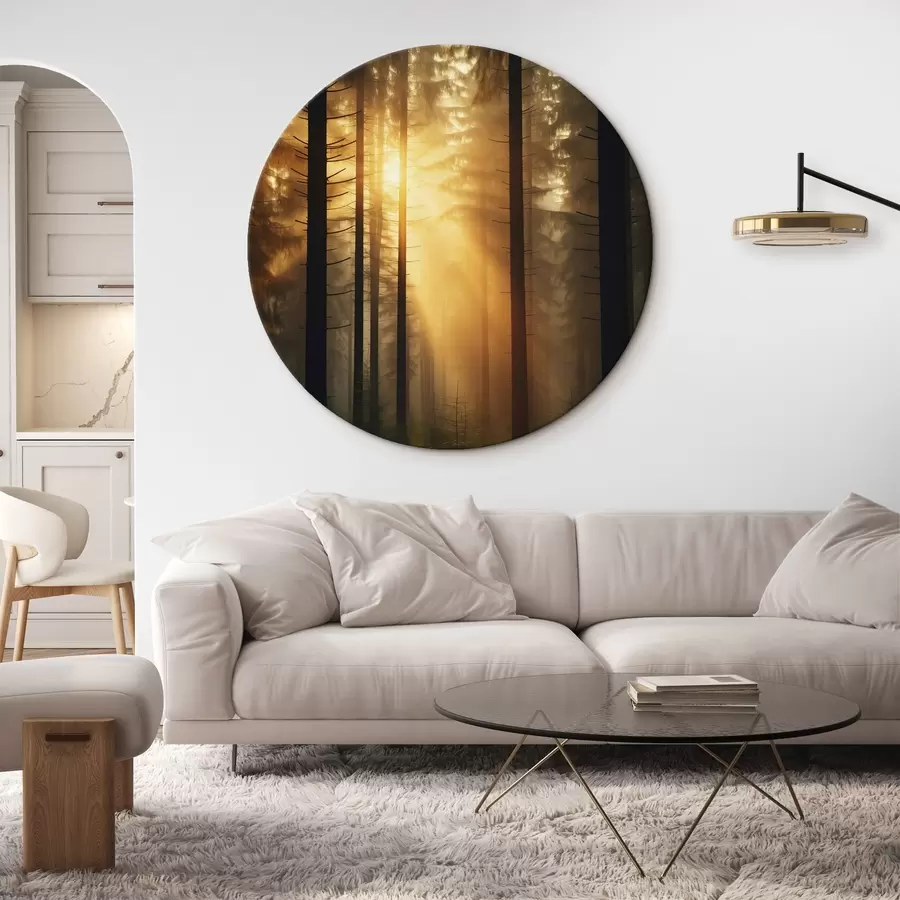 murales de pared Denso bosque de pinos con luz del atardecer, realismo, naturaleza r44615