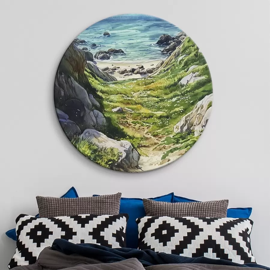 murales de pared Costa marina con rocas y hierba verde, estilo acuarela, verano r44616