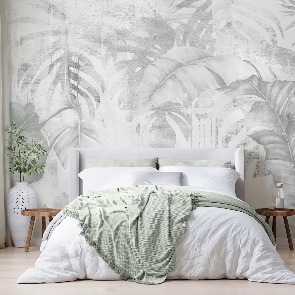 murales de pared Hojas tropicales en estilo grunge, tonos monocromos w03956v1