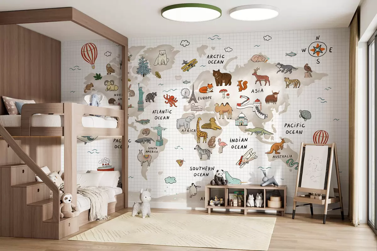 murales de pared Mapamundi con animales y puntos de referencia w04011