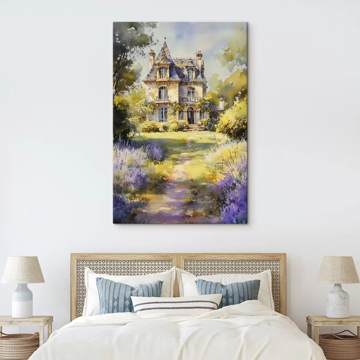 murales de pared Casa rural francesa, estilo acuarela, campos de lavanda s44501