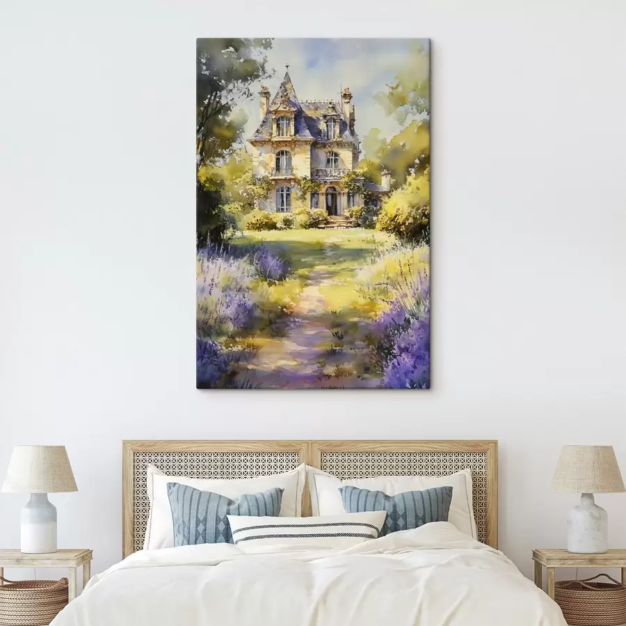 murales de pared Casa rural francesa, estilo acuarela, campos de lavanda s44501