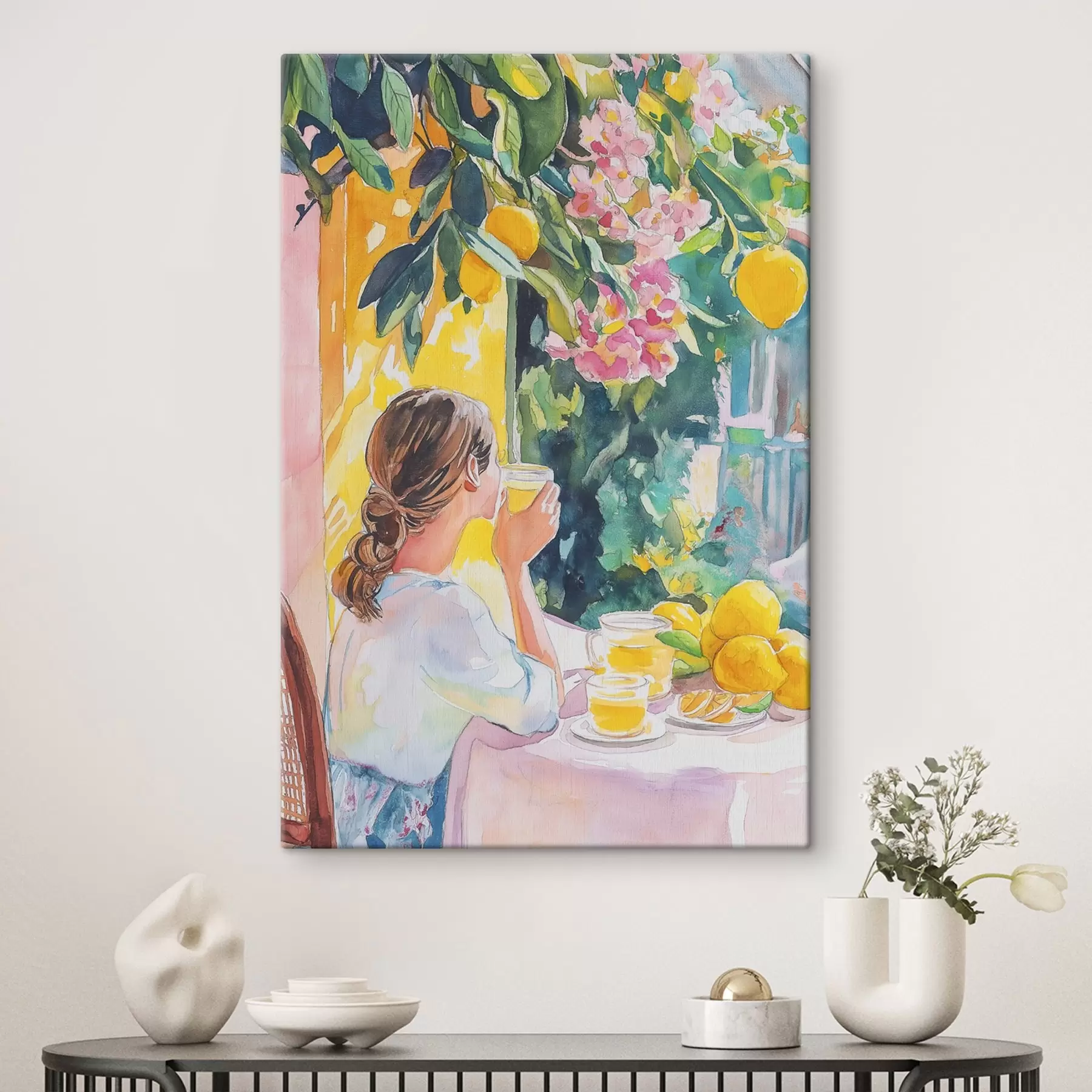 murales de pared Vibraciones de verano, chica en el café, limoncello, Italia, estilo acuarela s44505