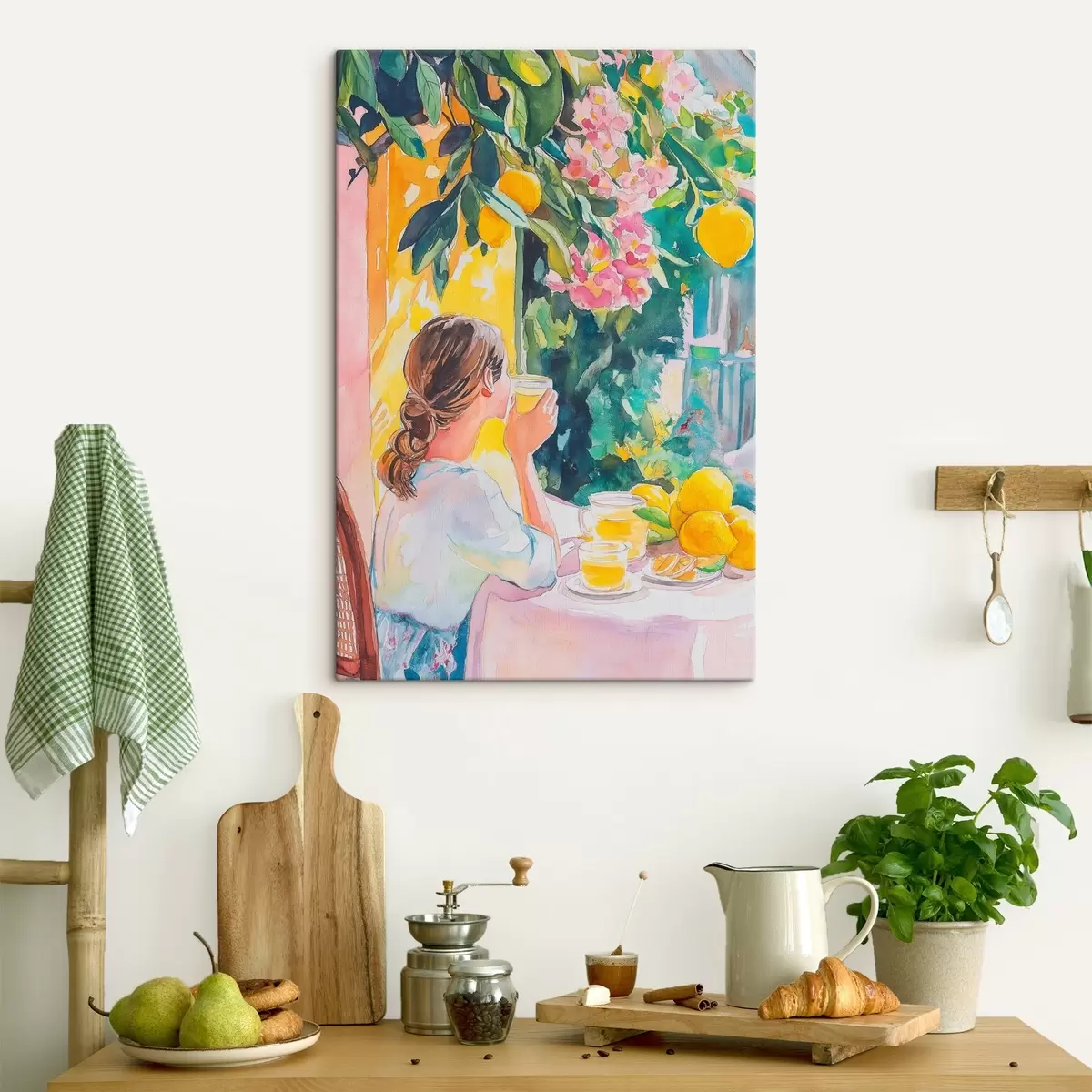 murales de pared Vibraciones de verano, chica en el café, limoncello, Italia, estilo acuarela s44505