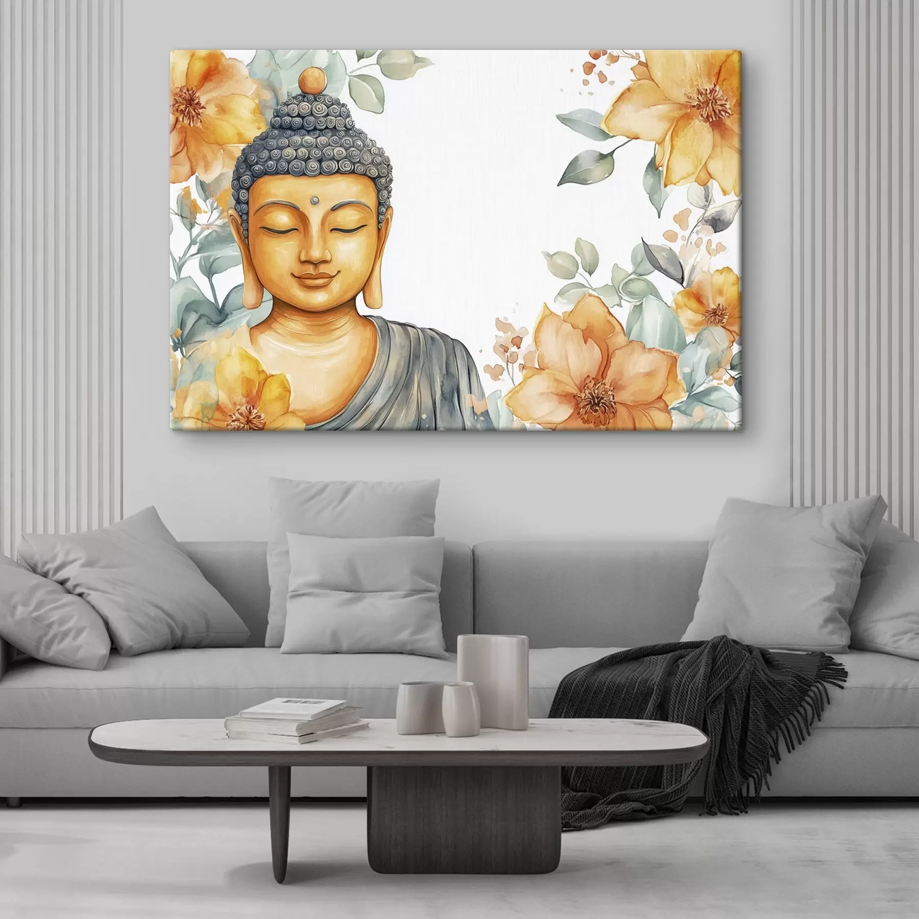 murales de pared Buda rodeado de flores naranjas, estilo acuarela s44508