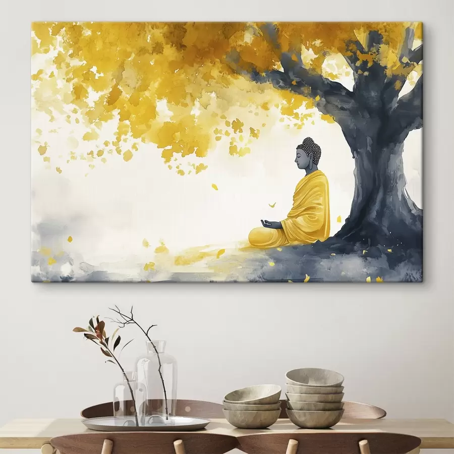 murales de pared Buda meditando bajo el árbol, colores amarillo y gris s44509